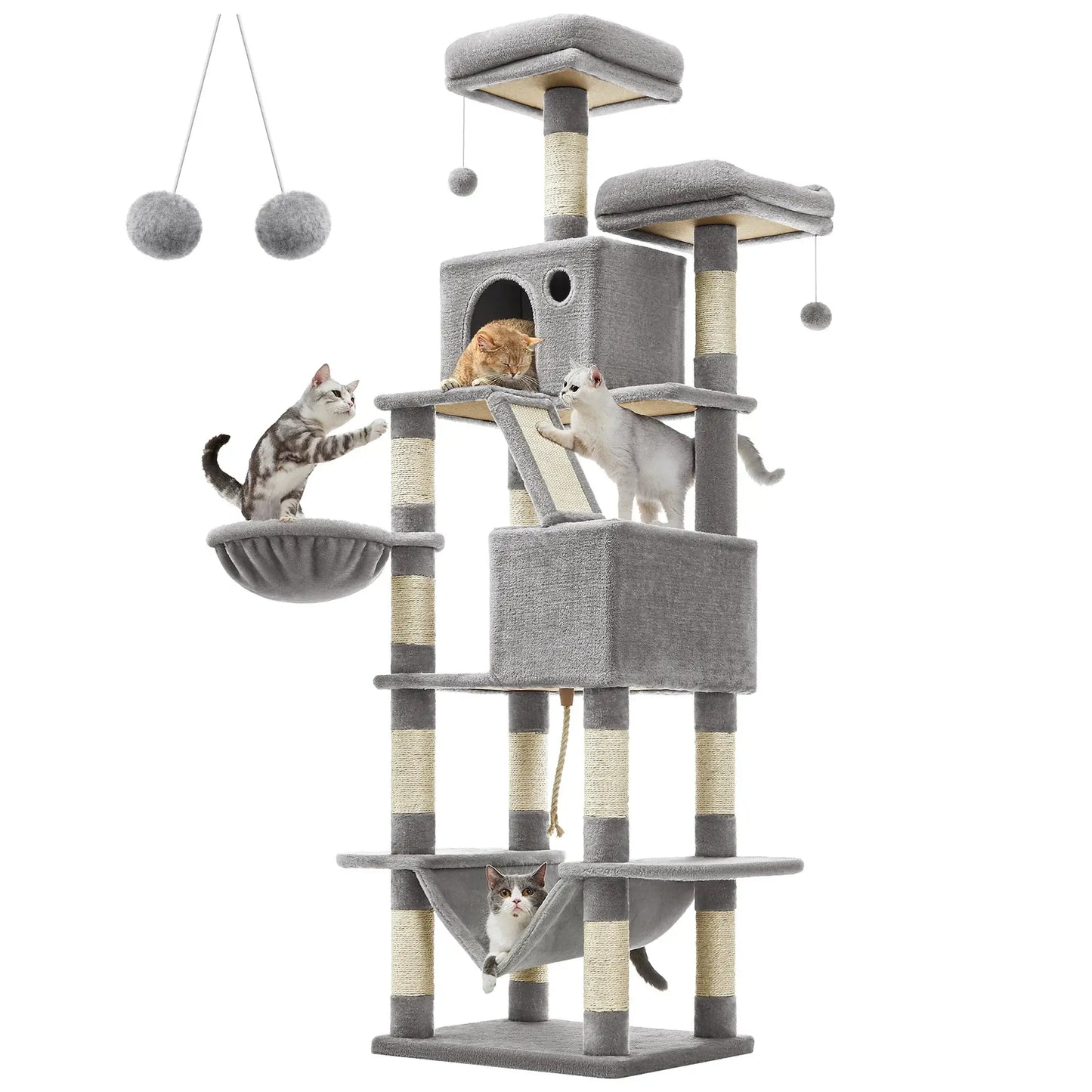 PurrTower 206cm Multi-Level Cat Tree with multi-padded levels, scratching posts, and visible cats playing.