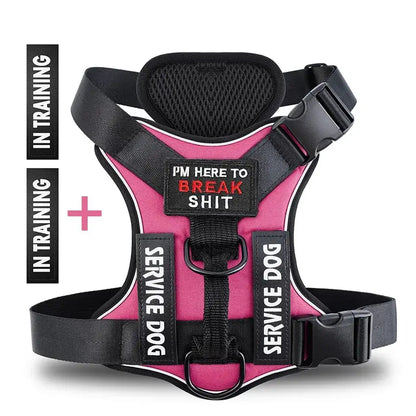 Pink service dog harness with training labels, featuring a mesh design for comfort and visibility.