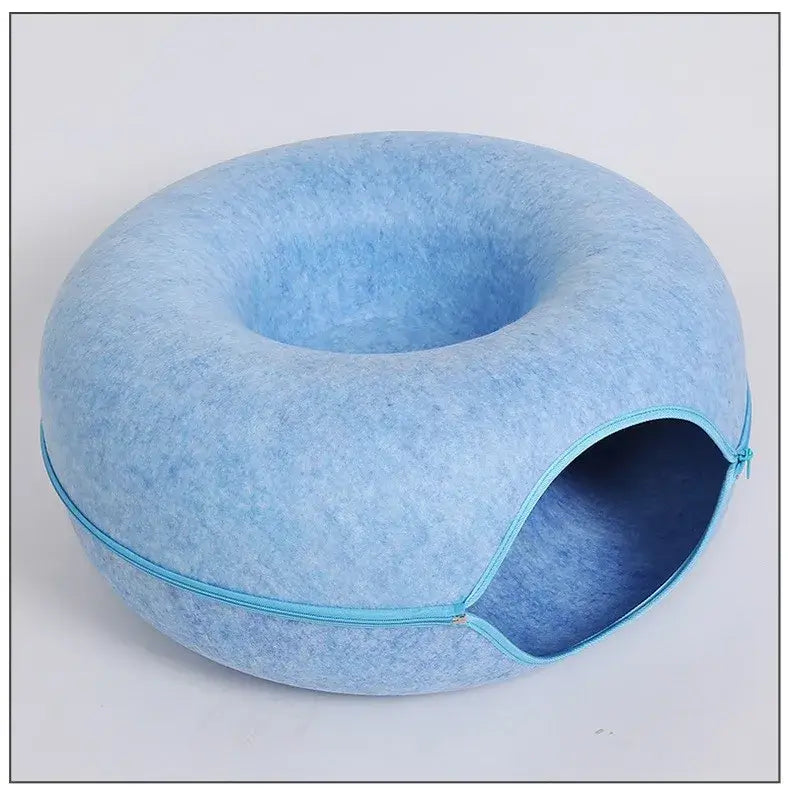Blue donut cat bed tunnel with zipper, versatile cozy cat nest and tunnel playground.