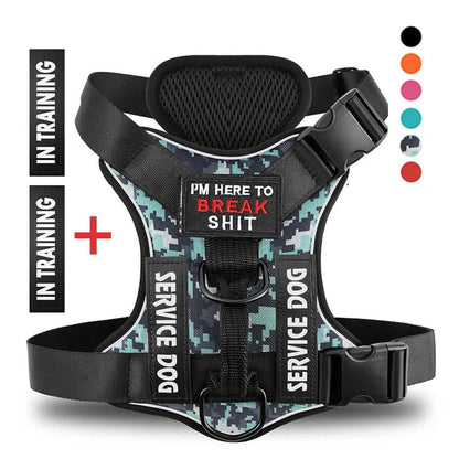 Service dog harness with reflective patches, customizable, sturdy design for safety and training.