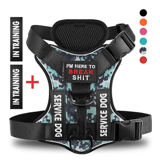 Service dog harness with reflective patches, customizable, sturdy design for safety and training.