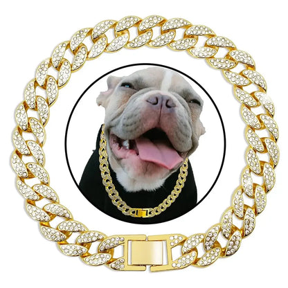 Golden Sparkle Diamond Dog Collar showcased with a happy dog, featuring a luxurious Cuban link design with zirconia diamonds.