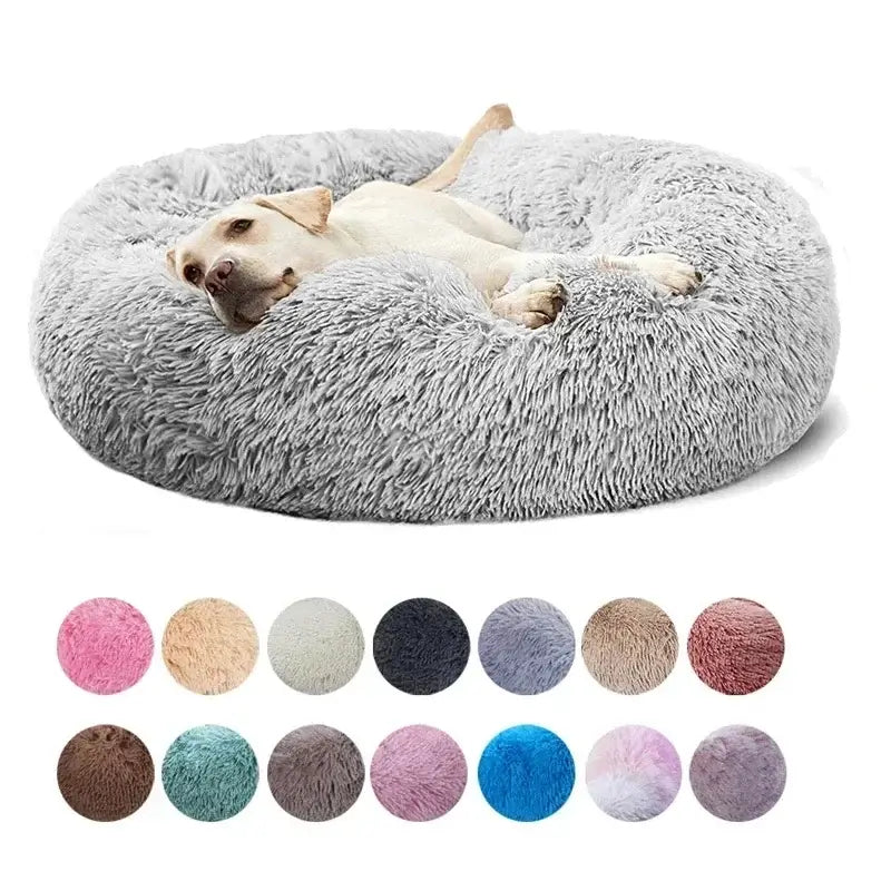 Fluffy round donut dog bed with soft plush material, featuring a yellow lab and a variety of color options.