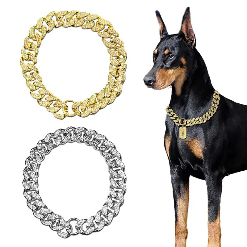 Golden and silver jeweled dog collars displayed on a Doberman, showcasing luxury pet accessories for stylish pets.