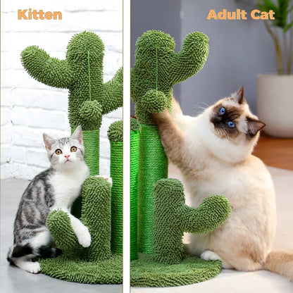 Kitten and adult cat playing with a cactus-themed scratching post, designed for feline entertainment and home decor.
