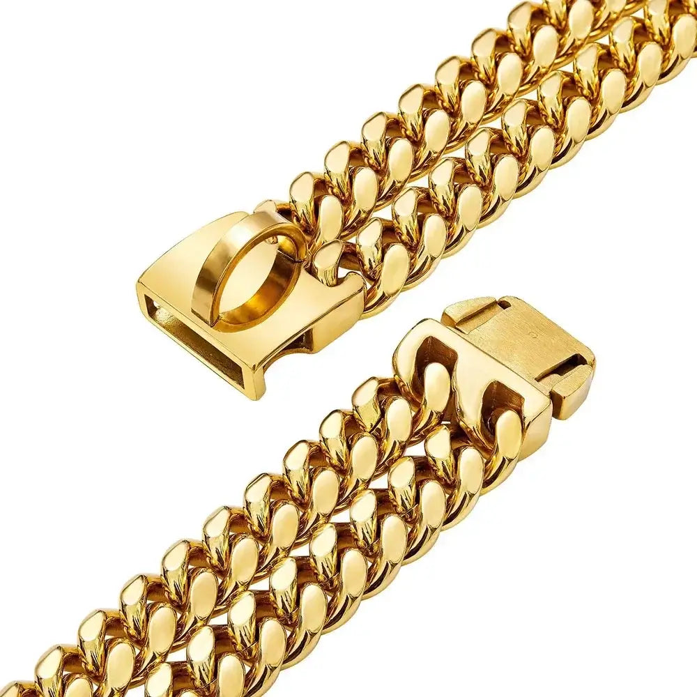 Close-up of a durable gold stainless steel dog chain collar featuring a secure clasp for training and walking medium to large dogs.