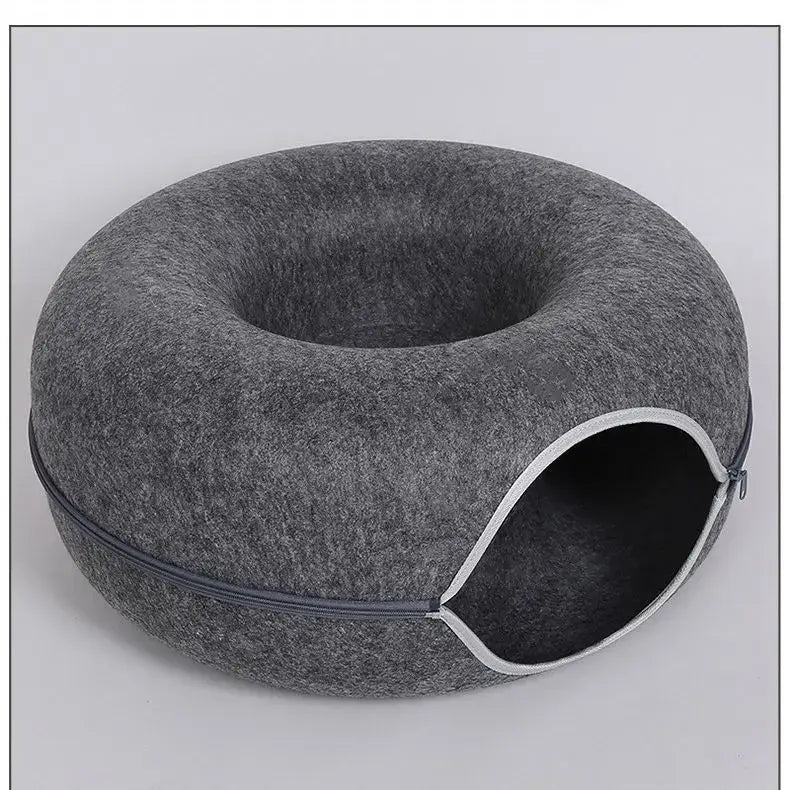 Cozy gray donut cat bed tunnel with zipper, perfect for playful pets and restful napping.