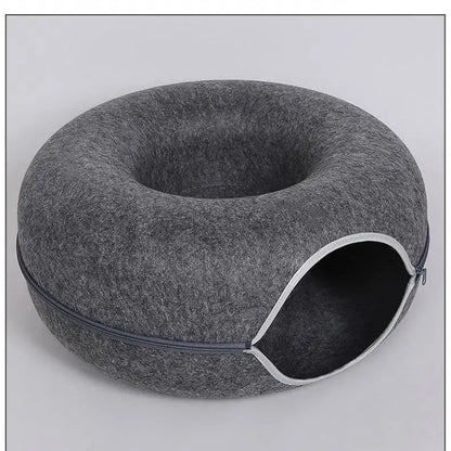 Cozy gray donut cat bed tunnel with zipper, perfect for playful pets and restful napping.