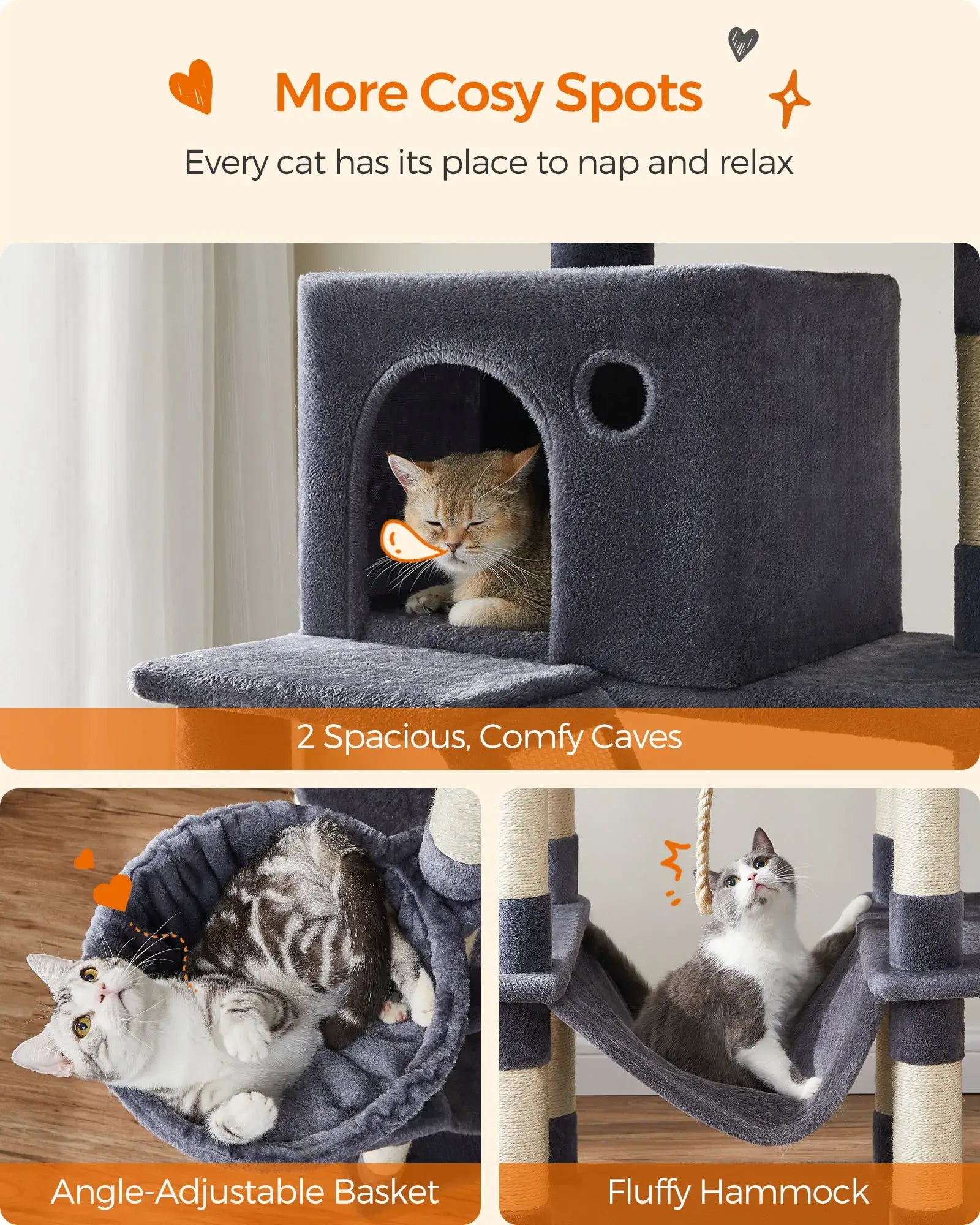 Cozy cat tree features two comfy caves, an angle-adjustable basket, and a fluffy hammock for ultimate relaxation.