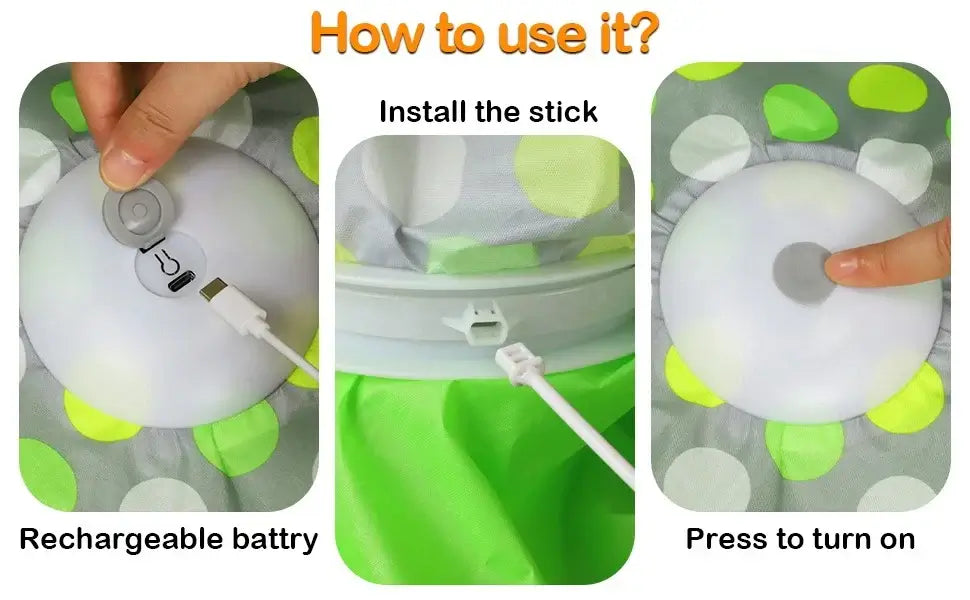 Images showing how to use the interactive cat toy with squeaky mouse: install, charge, and turn on.
