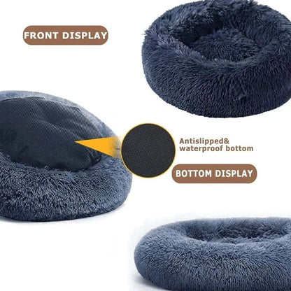 FurEver Pet Bed features front, side, and bottom views showcasing plush, anti-slip, and waterproof design for comfort and safety.