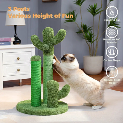 Cactus Cat Scratching Post-KittyCacti with three sisal-wrapped posts and dangling ball, designed for playful cats.