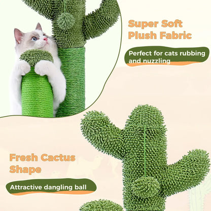 Cactus Cat Scratching Post-KittyCacti, featuring soft plush fabric and interactive dangling ball for feline fun.