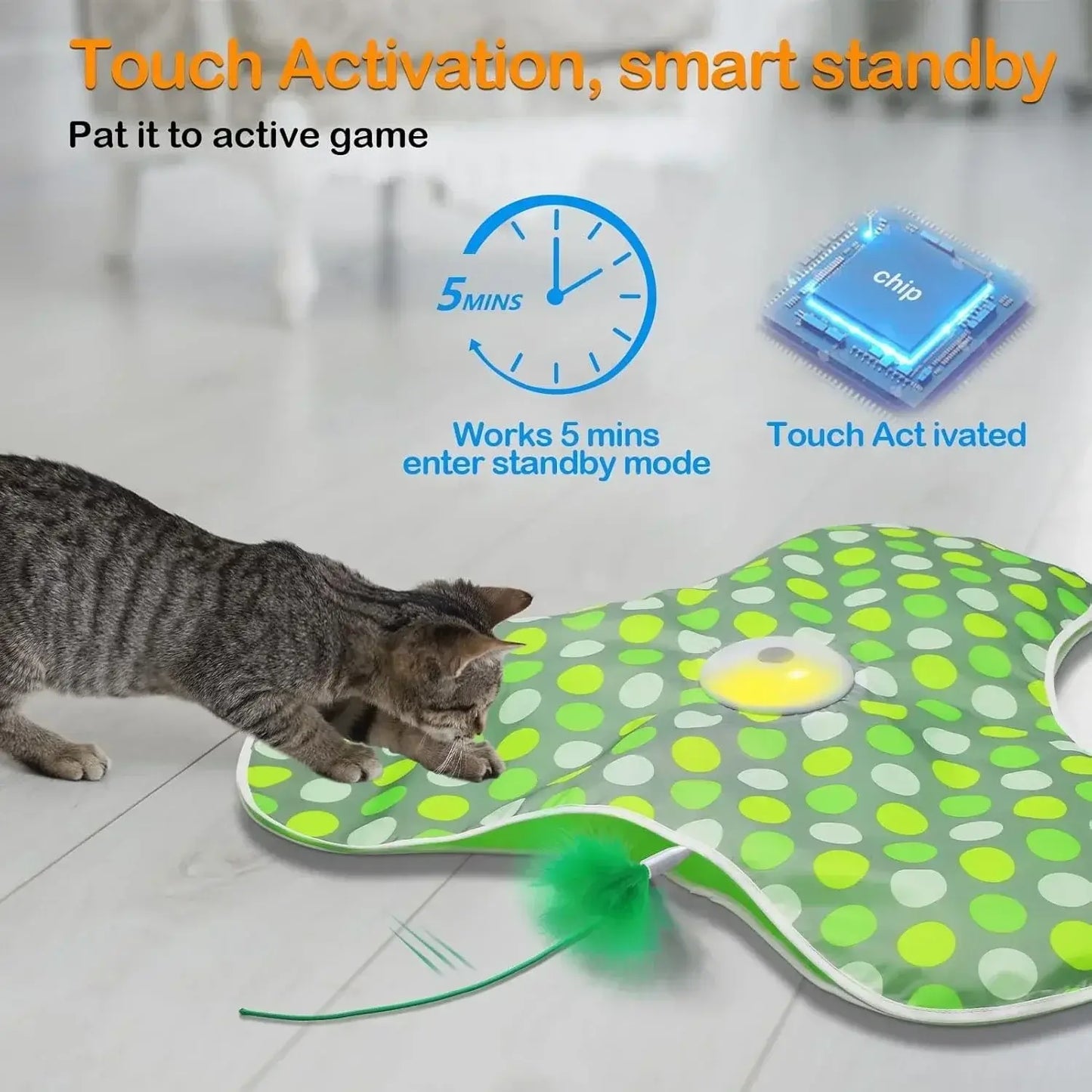 Interactive cat toy with squeaky mouse, featuring touch activation and standby mode for playful cats.
