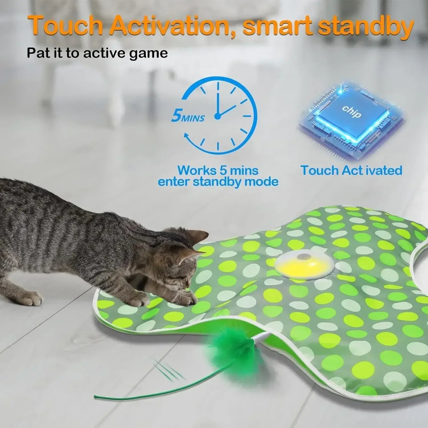 Interactive cat toy with squeaky mouse, featuring touch activation and standby mode for playful cats.