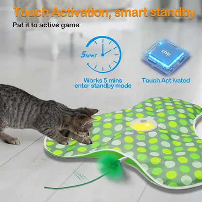 Interactive cat toy with squeaky mouse, featuring touch activation and standby mode for playful cats.