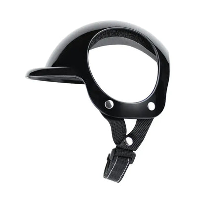 Dog and cat motorcycle helmet in black with adjustable strap, designed for pet safety during outdoor adventures.