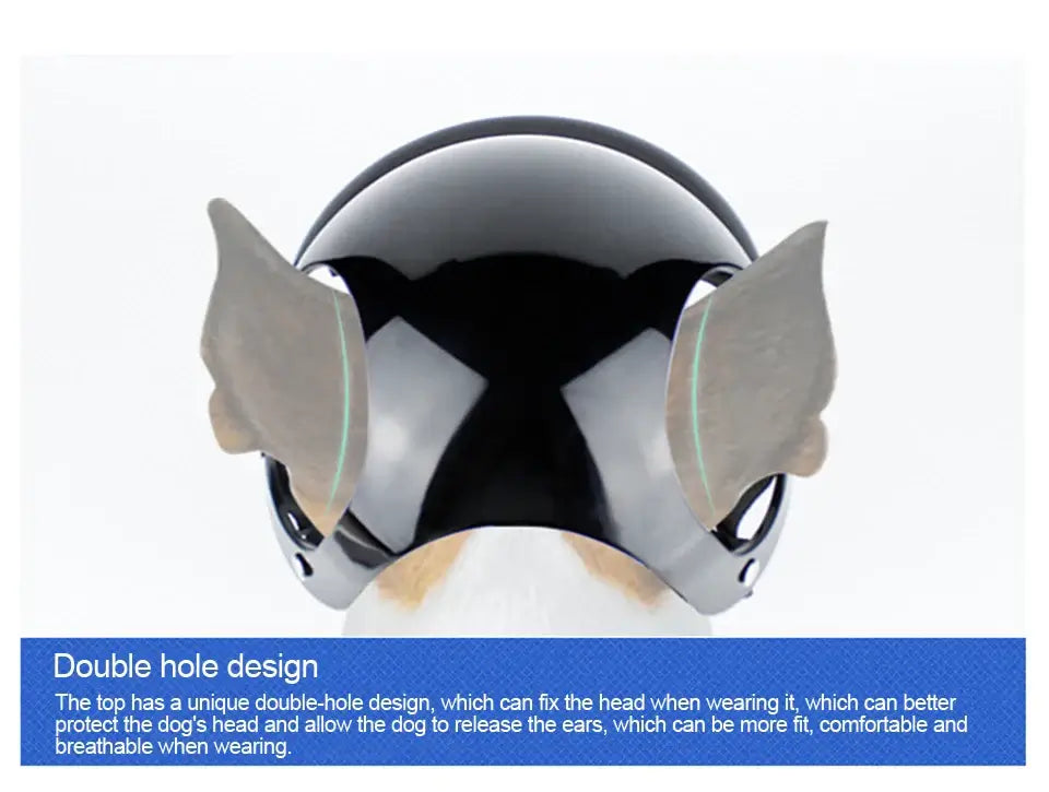 Dog motorcycle helmet with double hole design for ear comfort and secure fit during rides.