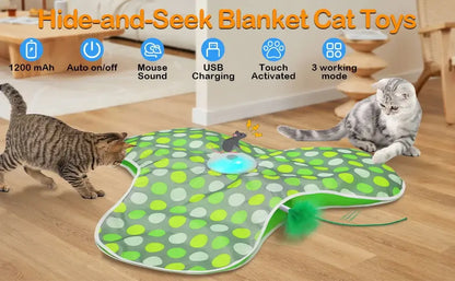 Interactive cat toy with squeaky mouse on a playful blanket for cats, featuring USB charging and touch activation.