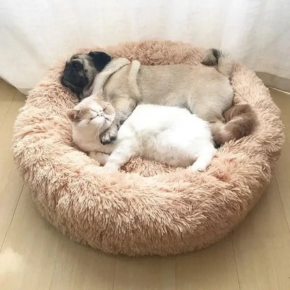Cozy plush pet bed with a pug and a cat sleeping peacefully together in a round donut design.