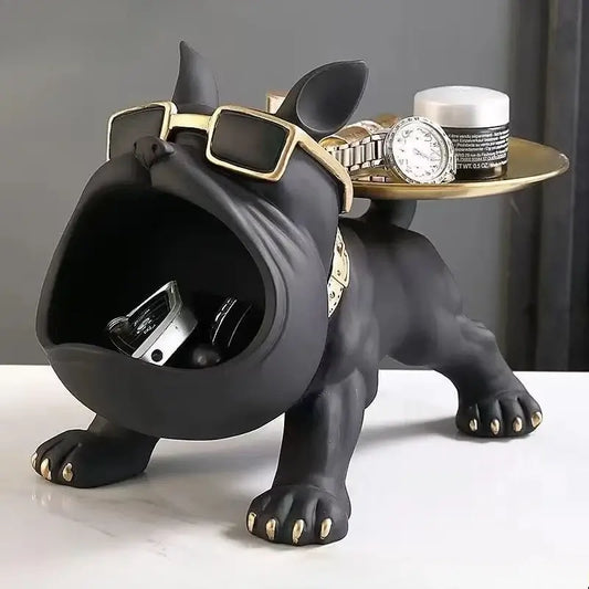 Black bulldog resin statue with sunglasses, featuring a storage space and stylish plate for home decor.