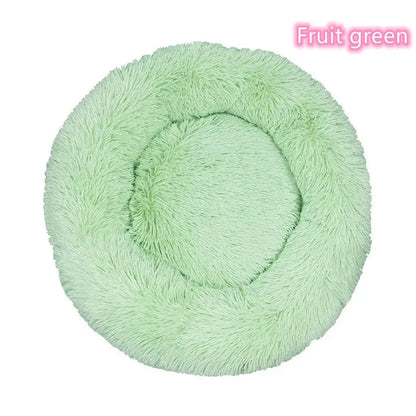 Fruit green plush round bed for cats and small dogs, ideal for cozy naps and anxiety relief.