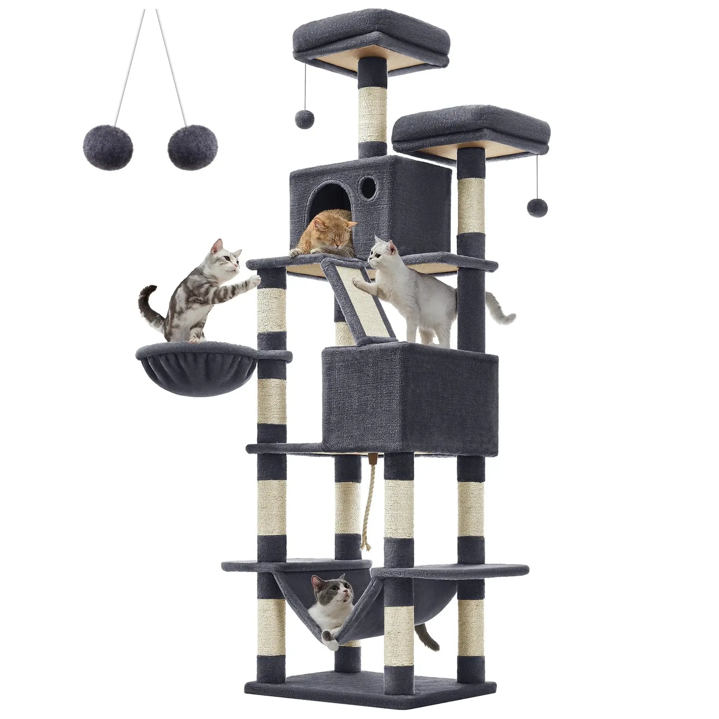 PurrTower 206cm Multi-Level Cat Tree featuring cats playing, scratching posts, and cozy hammocks.