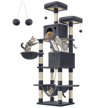 PurrTower 206cm Multi-Level Cat Tree featuring cats playing, scratching posts, and cozy hammocks.