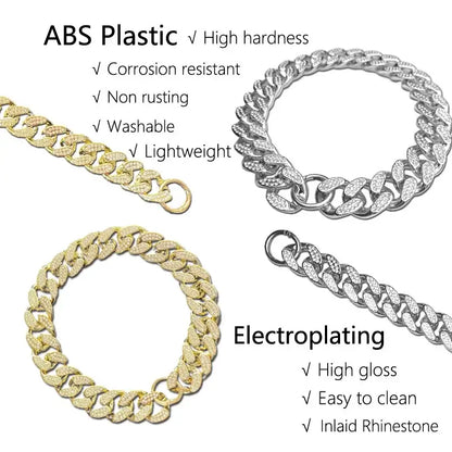 ABS plastic and electroplated dog collar chains highlighting durability, lightweight, and inlaid rhinestones for luxury pet accessories.