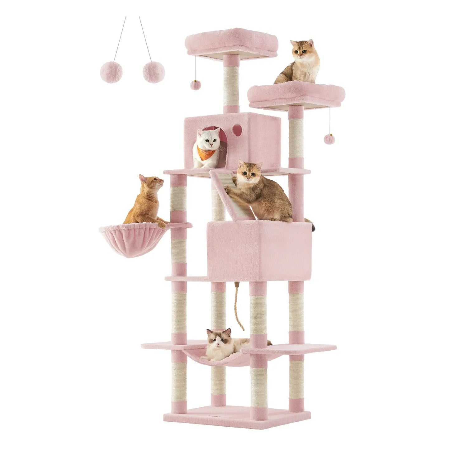PurrTower 206cm multi-level cat tree with five levels, scratching posts, and hammocks, featuring playful cats.