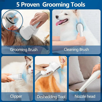 Collage of 5 grooming tools: grooming brush, cleaning brush, clipper, deshedding tool, and nozzle head for pets.