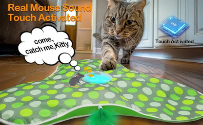 Interactive cat toy with squeaky mouse, touch-activated sound feature, encouraging playful behavior in cats.