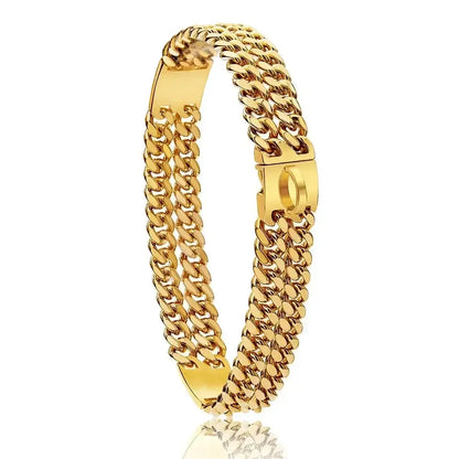 Stylish gold metal chain bracelet with a sleek design and secure clasp, perfect for any fashion-forward look.