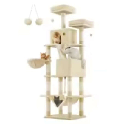 PurrTower 206cm multi-level cat tree with scratching posts and hammock for playful and cozy cats.