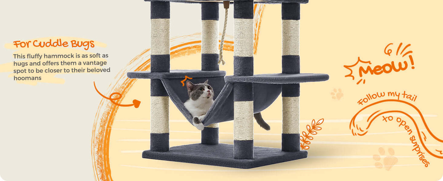 Cat enjoying a fluffy hammock in the PurrTower 206cm Multi-Level Cat Tree, ideal for climbing and lounging.