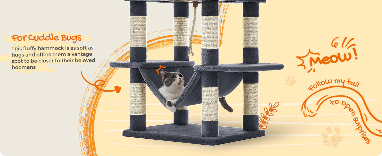 Cat enjoying a fluffy hammock in the PurrTower 206cm Multi-Level Cat Tree, ideal for climbing and lounging.