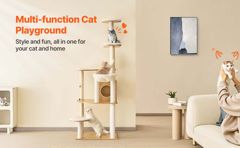 Stylish multi-function cat playground for large cats, featuring climbing, scratching, and lounging areas in a modern home setting.