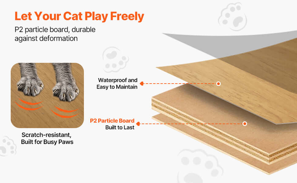 Image showcasing TowerJoy Cat Tower features: P2 particle board, scratch-resistant, waterproof, and durable for large cats.